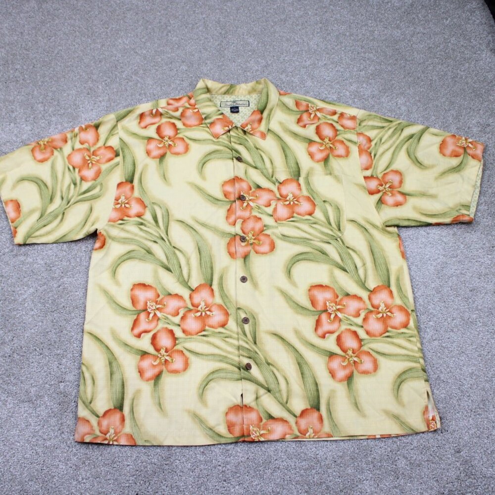 Tommy Bahama Camp Shirt Adult‎ XL Loop Collar Yellow Floral Silk S/S Button Up